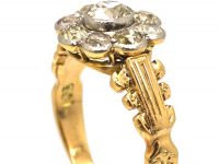 Victorian 18ct Gold, Old Mine Cut Diamond Cluster Ring with Ornate Shoulders