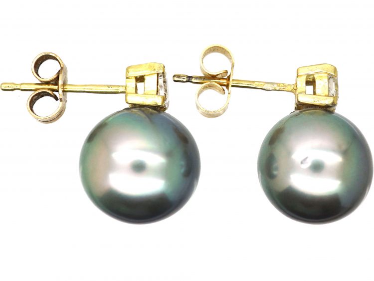 18ct Gold, Grey Pearl & Diamond Earrings