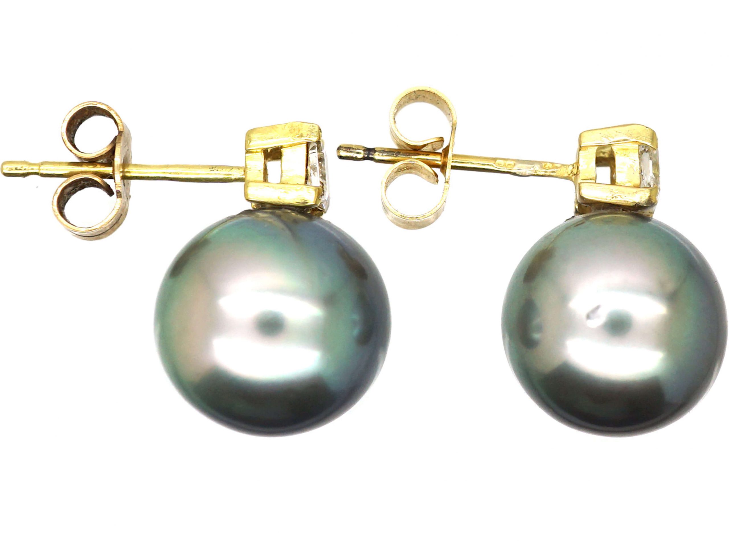 18ct Gold, Grey Pearl & Diamond Earrings (404T) | The Antique Jewellery ...