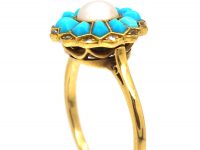 Edwardian 18ct Gold, Turquoise & Natural Pearl Ring with Diamond Points