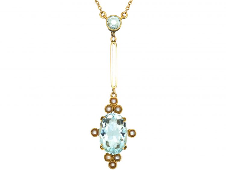 Art Deco 15ct Gold Aquamarine & Natural Pearl Pendant on 15ct Gold Chain
