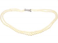 Art Deco Two Row Cultured Pearl Necklace with 18ct White Gold & Diamond Clasp
