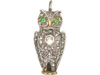 Victorian Owl Pendant set with Rose Cut Diamonds & Green Garnets