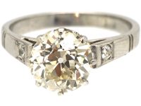 Art Deco French Platinum 2.10 Carat Diamond Solitaire Ring with Diamond Set Shoulders