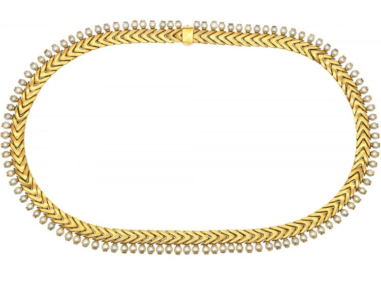 18ct Gold Collar with Chevron & Pearl Motif
