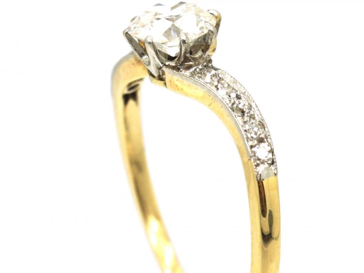 Dutch Belle Epoque 14ct Gold & Platinum, Diamond Ring with Diamond Set Curved Shoulders