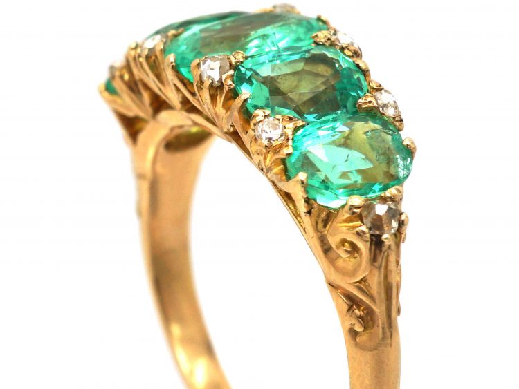 Victorian 18ct Gold Five Stone Emerald Ring with Diamond Points