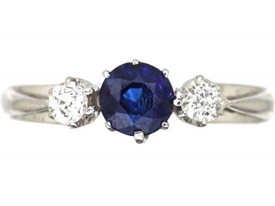 Art Deco Platinum, Three Stone Sapphire & Diamond Ring