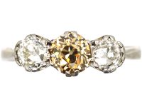 Art Deco Platinum, Three Stone Ring with Champagne Coloured Diamond in the Centre