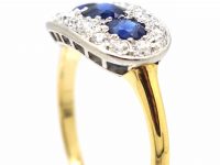 Edwardian 18ct & Platinum, Three Stone Sapphire & Diamond Oval Boat Shaped Ring