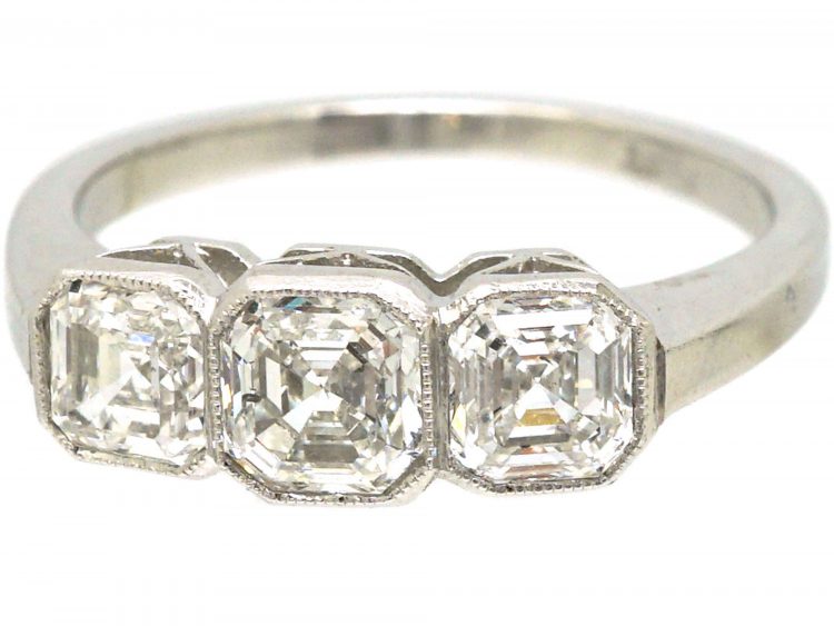 Platinum, Three Stone Asscher Cut Diamond Ring