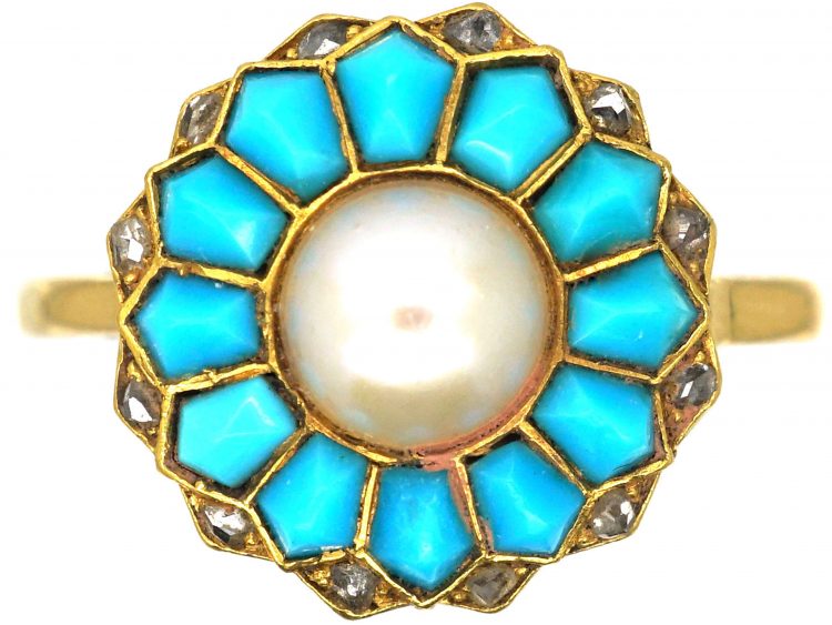 Edwardian 18ct Gold, Turquoise & Natural Pearl Ring with Diamond Points