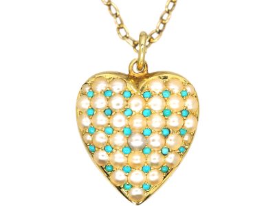 Edwardian 15ct Gold, Turquoise & Natural Split Pearl Heart Pendant on 9ct Gold Chain in original Case