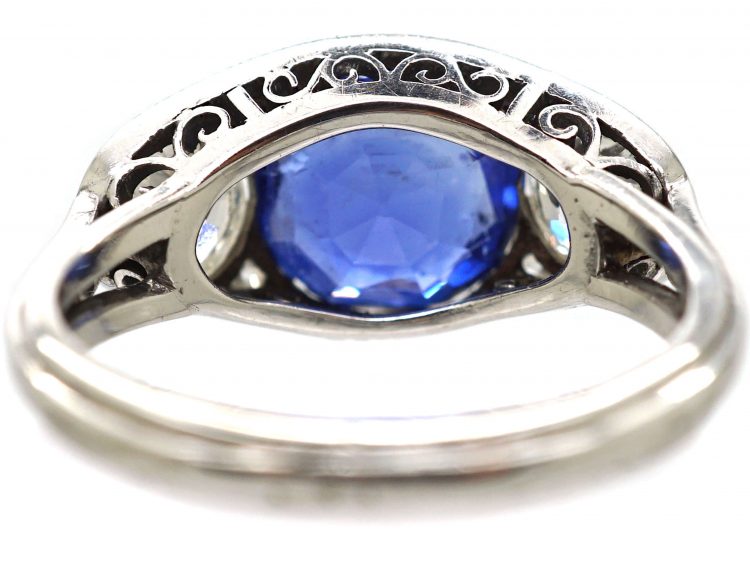 Art Deco Platinum, Unheated Burma Sapphire & Diamond Three Stone Ring