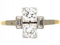 Art Deco 18ct Gold & Platinum Two Stone Diamond Ring with Baguette Diamond Shoulders