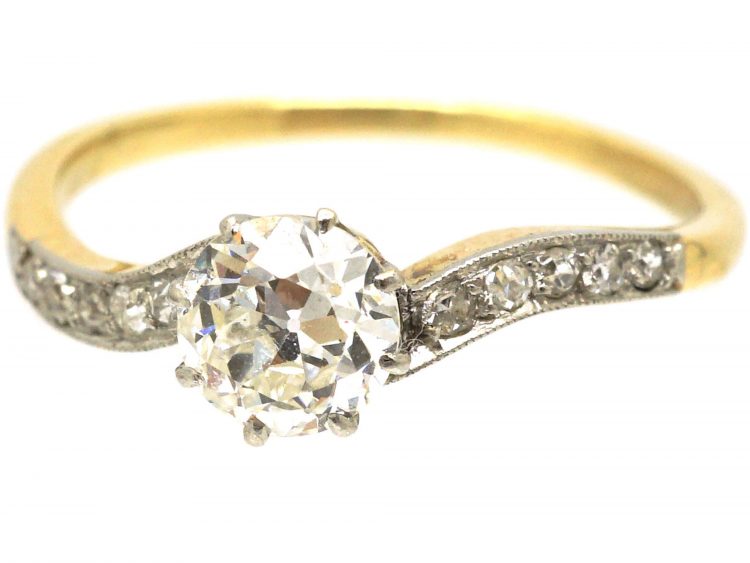 Dutch Belle Epoque 14ct Gold & Platinum, Diamond Ring with Diamond Set Curved Shoulders