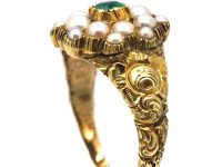 Georgian 18ct Gold, Natural Split Pearl & Emerald Cluster Ring