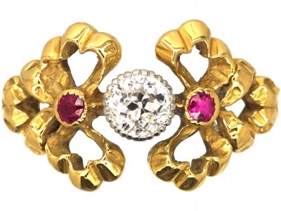 French Art Nouveau 18ct Gold & Platinum, Ruby & Diamond Ring with Two Bows