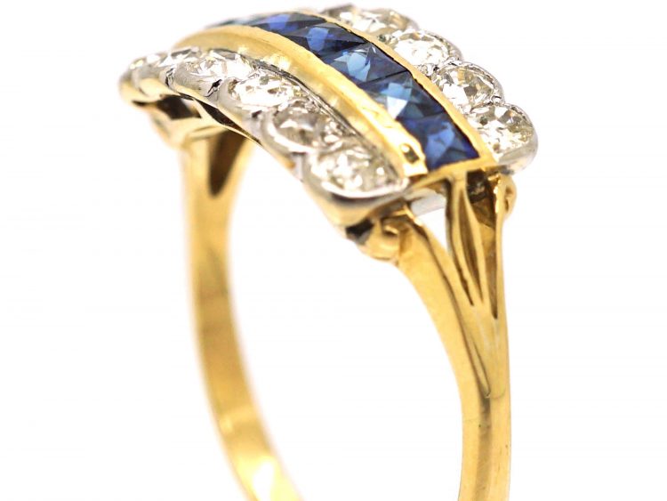 Art Deco 18ct & Platinum, French Cut Sapphire & Diamond Three Row Ring
