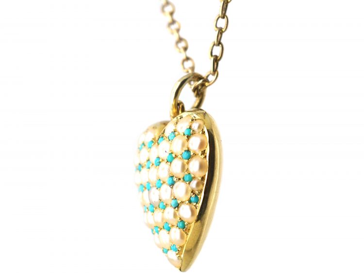 Edwardian 15ct Gold, Turquoise & Natural Split Pearl Heart Pendant on 9ct Gold Chain in original Case