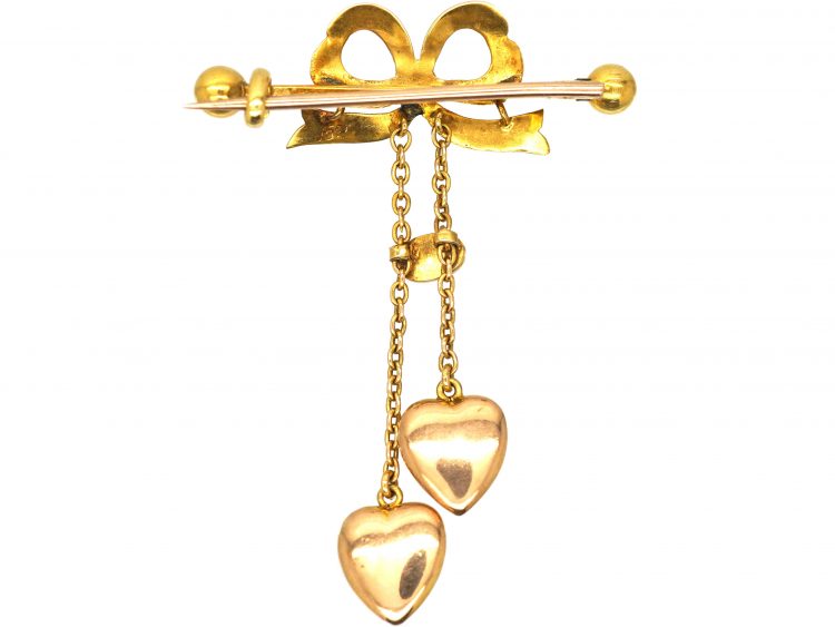 Edwardian 15ct Gold Bow Brooch with Two Heart Shaped Drops set with Turquoise