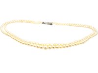 Art Deco Two Row Cultured Pearl Necklace with 18ct White Gold & Diamond Clasp