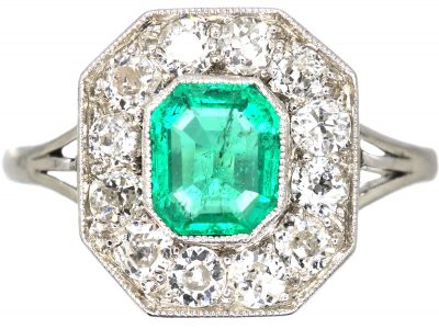 Art Deco Platinum, Emerald & Diamond Octagonal Shaped Ring