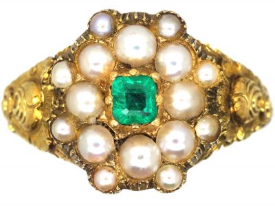 Georgian 18ct Gold, Natural Split Pearl & Emerald Cluster Ring