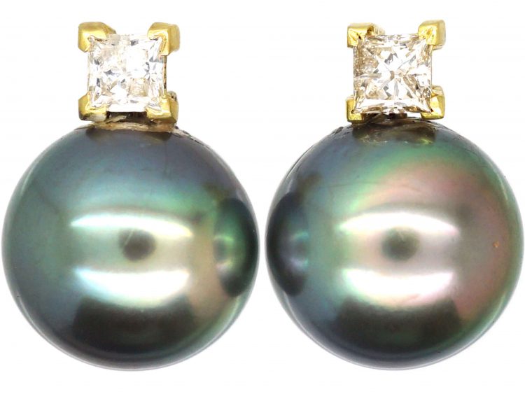 18ct Gold, Grey Pearl & Diamond Earrings