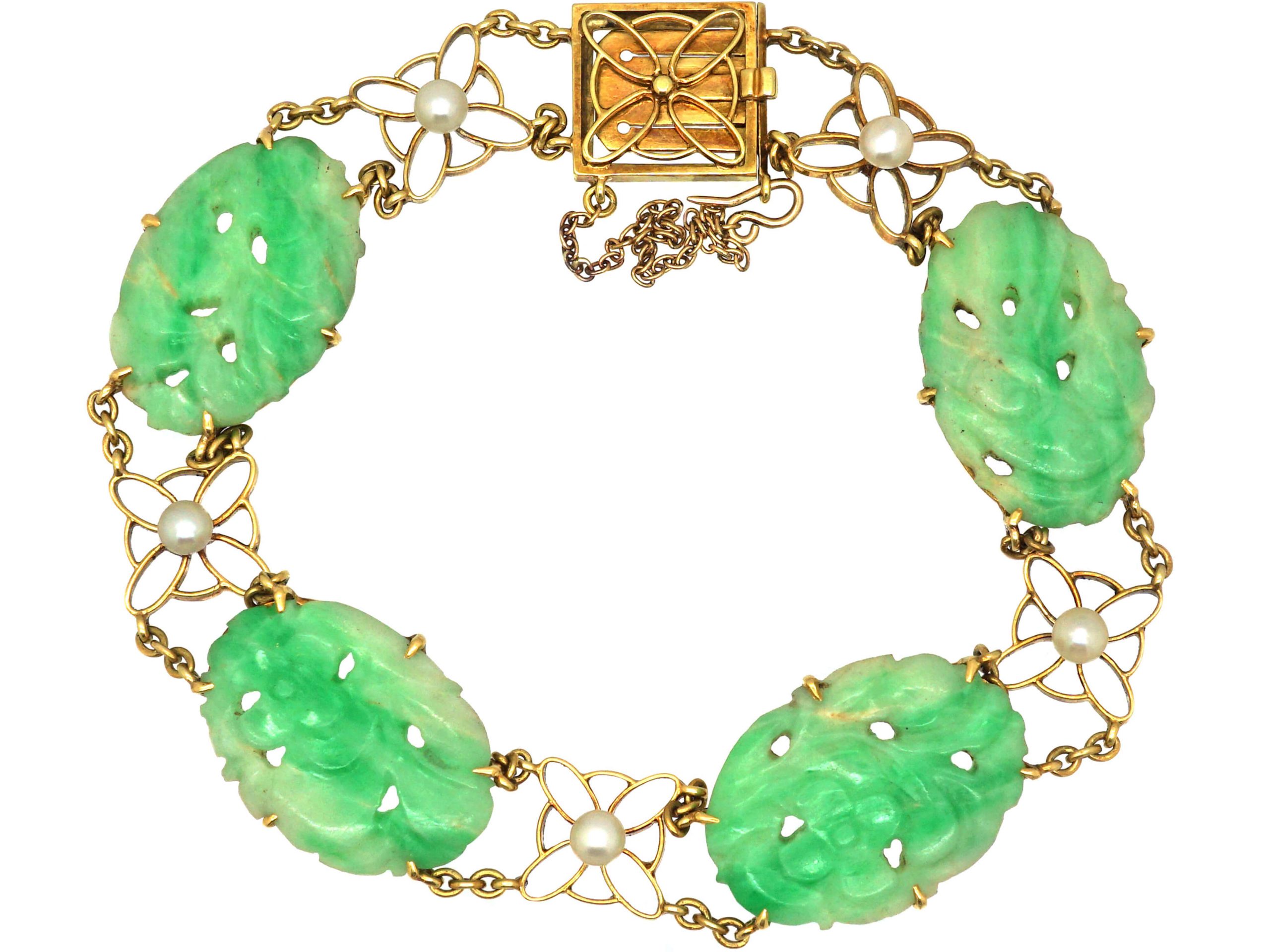 Vintage 18K Gold Green Jade & Diamond Carved Dragon & Foo Dog Bangle B –  Blue Ribbon Rarities