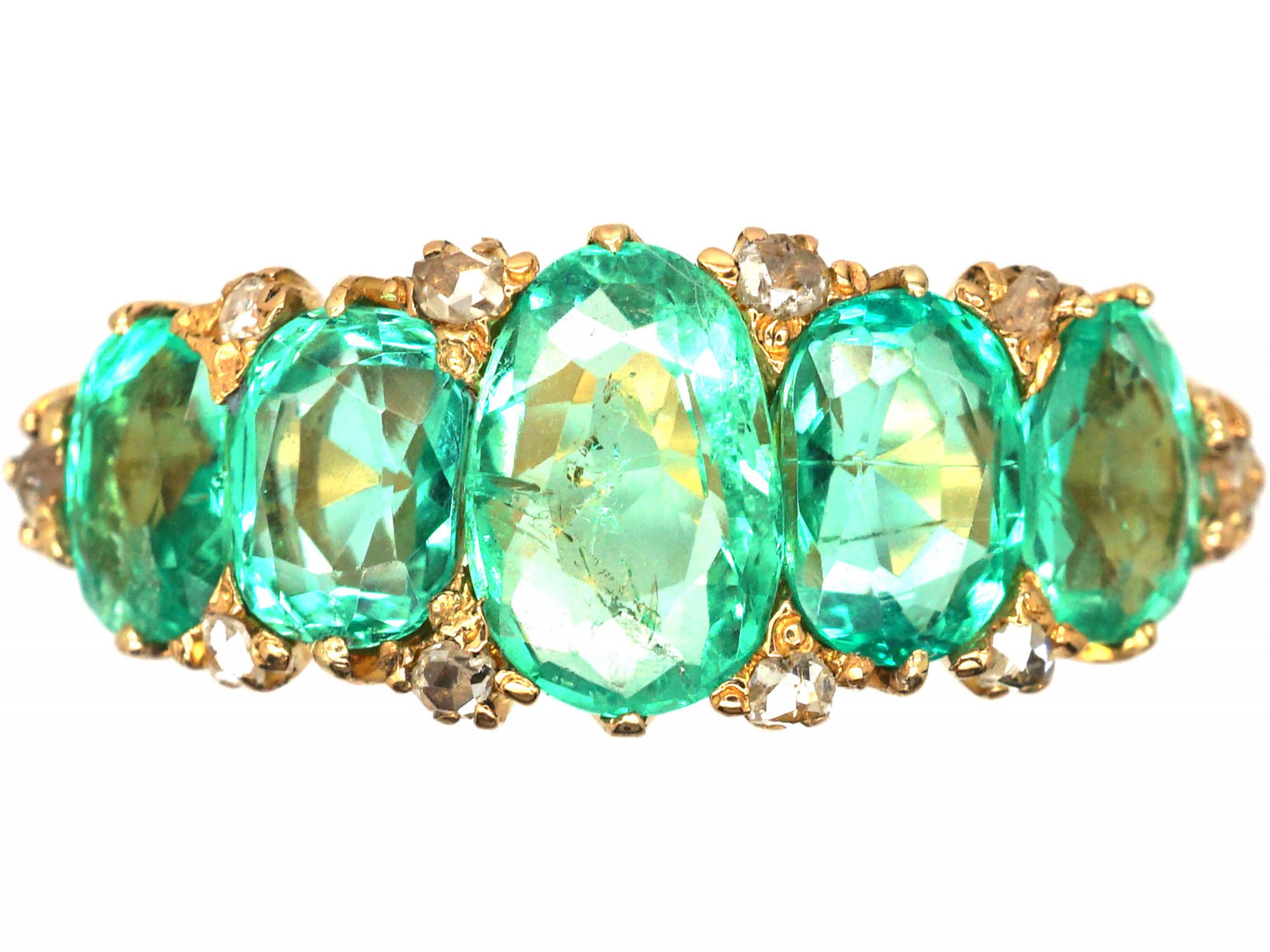Victorian 18ct Gold Five Stone Emerald Ring with Diamond Points (500T ...