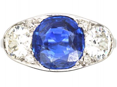 Art Deco Platinum, Unheated Burma Sapphire & Diamond Three Stone Ring