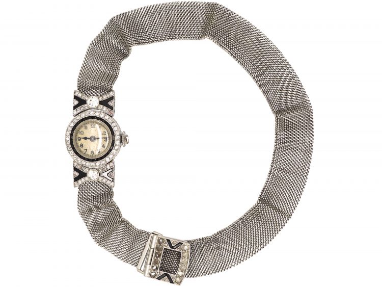 Art Deco Platinum, Onyx & Diamond Watch with Bow Detail
