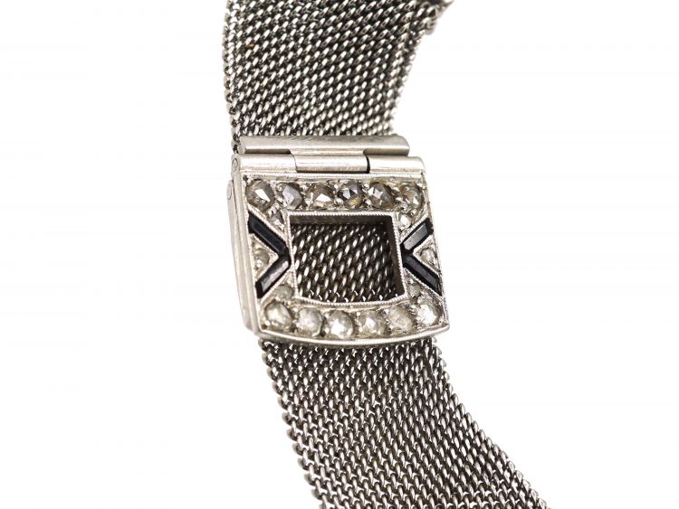 Art Deco Platinum, Onyx & Diamond Watch with Bow Detail