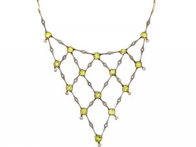 Edwardian 15ct Gold & Platinum, Bib Necklace set with Diamonds, Pearls & Peridots
