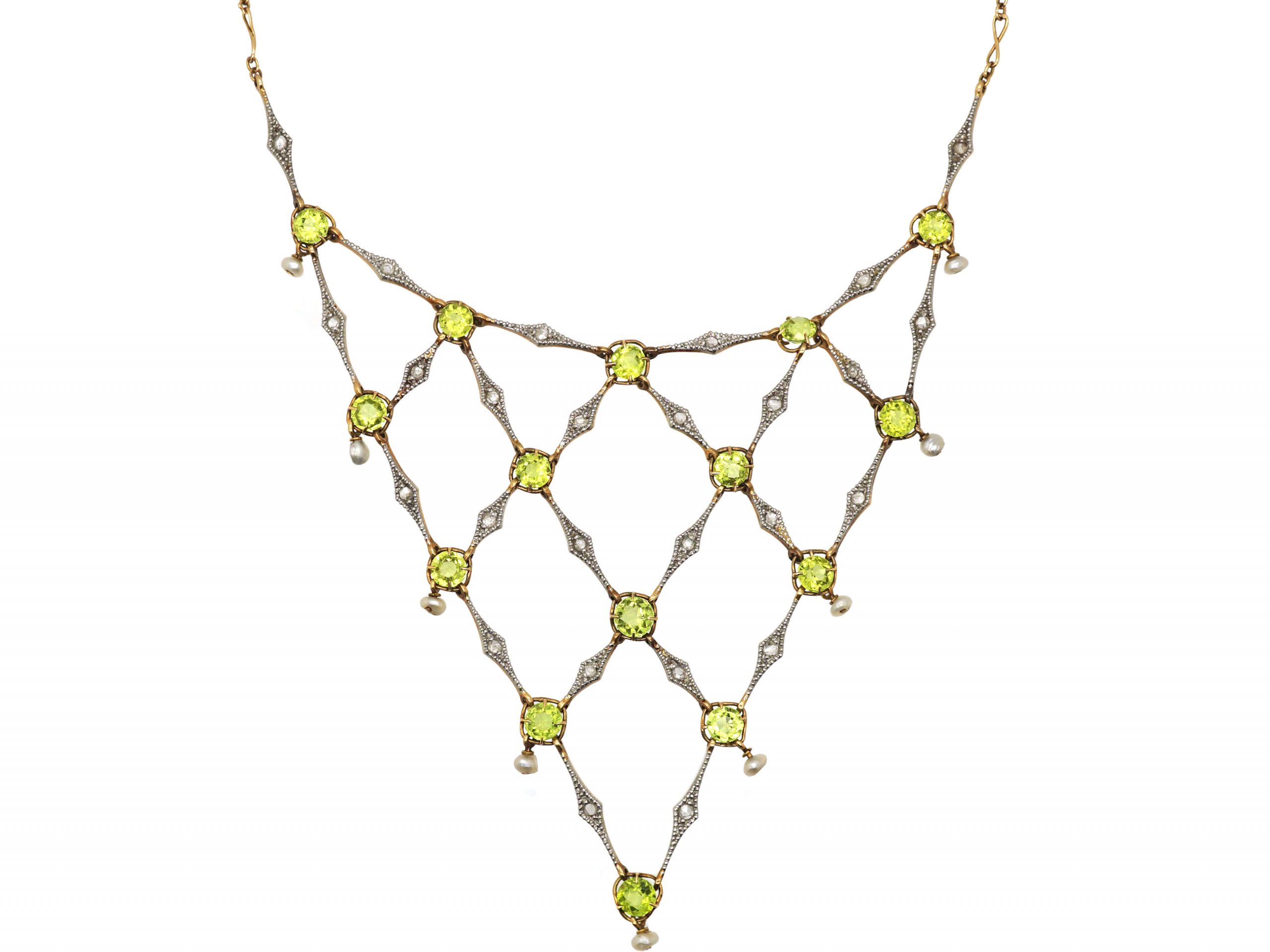 Edwardian 15ct Gold & Platinum, Bib Necklace set with Diamonds, Pearls &  Peridots (465T) | The Antique Jewellery Company