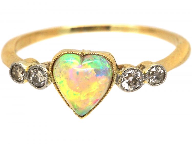 Edwardian 18ct Gold & Platinum Heart Shaped Opal & Diamond Ring