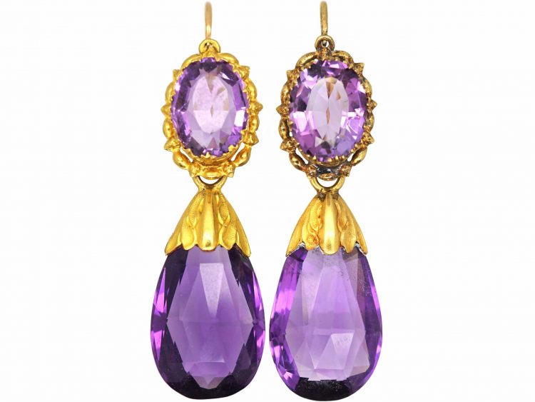 French Early 19th Century Three Colour 18ct Gold & Amethyst Drop Earrings