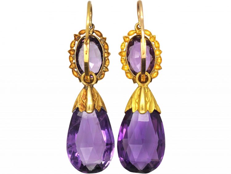 French Early 19th Century Three Colour 18ct Gold & Amethyst Drop Earrings