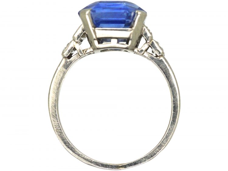 French Art Deco Platinum & Unheated Ceylon Sapphire Ring with Baguette Diamond Shoulders