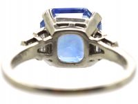 French Art Deco Platinum & Unheated Ceylon Sapphire Ring with Baguette Diamond Shoulders