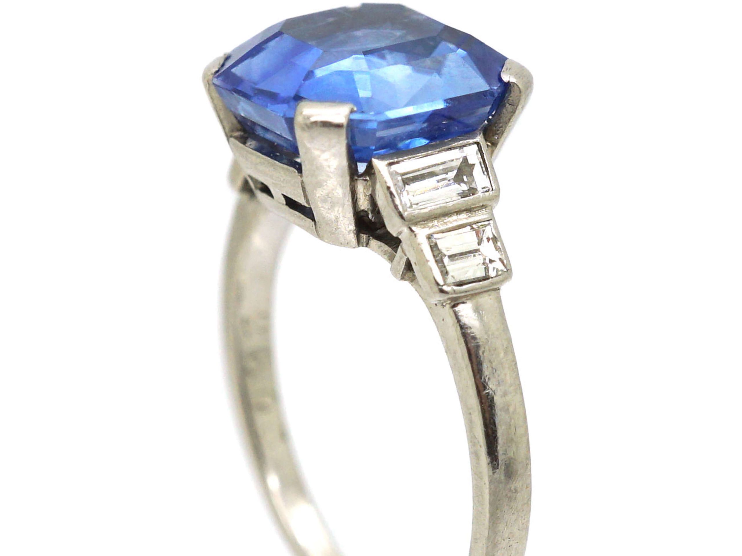 French Art Deco Platinum & Unheated Ceylon Sapphire Ring with Baguette ...