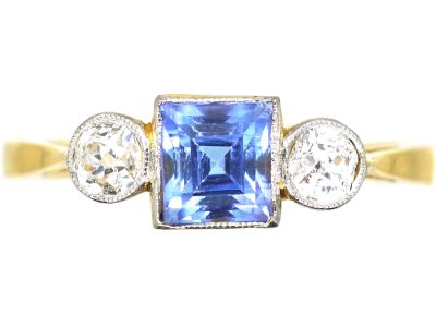 Art Deco 18ct Gold & Platinum, Square Sapphire & Diamond Ring