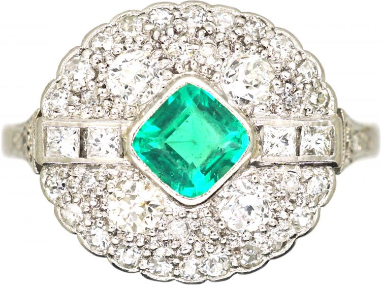 Art Deco 18ct White Gold, Emerald & Diamond Cluster Ring