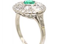 Art Deco 18ct White Gold, Emerald & Diamond Cluster Ring