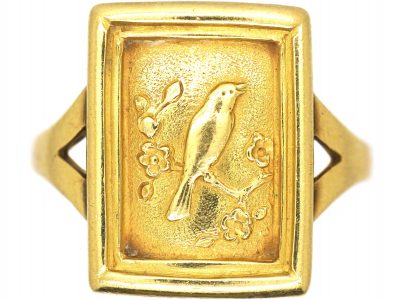 Victorian 18ct Gold Aesthetic Movement Ring with Bird Motif & Locket on Reverse