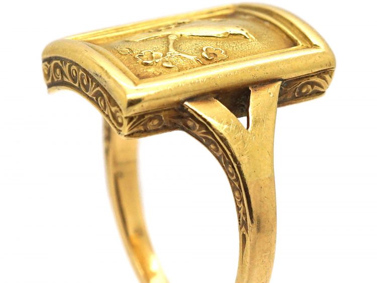 Victorian 18ct Gold Aesthetic Movement Ring with Bird Motif & Locket on Reverse