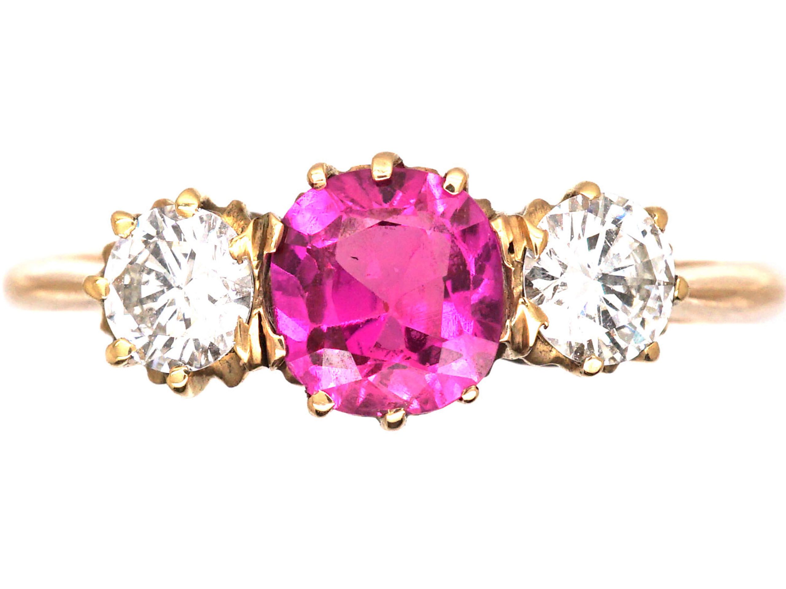 Edwardian 18ct Gold, Pink Sapphire & Diamond Three Stone Ring (559T