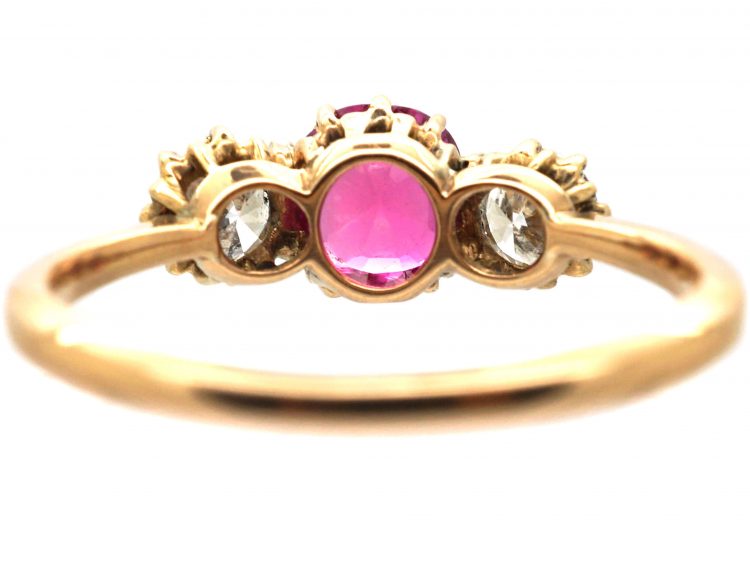 Art Deco 18ct Gold, Pink Sapphire & Diamond Three Stone Ring