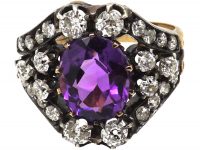French Early 19th Century Large Amethyst & Old Cut Diamond Cluster Ring